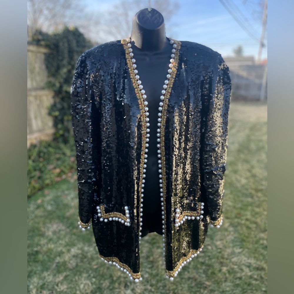 Vintage Womens Full Sequined Jacket Beaded Pearls Size‎ Large (?) Black NYE Gold